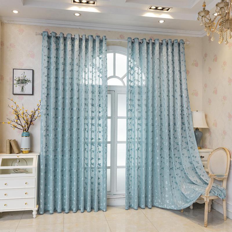 

European Style Romantic Lace Embroidery Flower Curtain Transparent But Opaque Living Room Bedroom Window Screen Home Decoration 1PC-W100xH200cm&Grommet Top синий