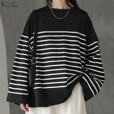 Women Casual Round Neck Loose Stripe Print Long Sleeve Tee Tops