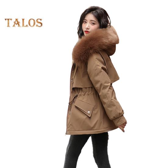 Women Padded Jacket Thickened Plush Lined Coat with Drawstring Waist Winter Warm Puffer Jacket with Faux Fur Hood for Work Streetwear