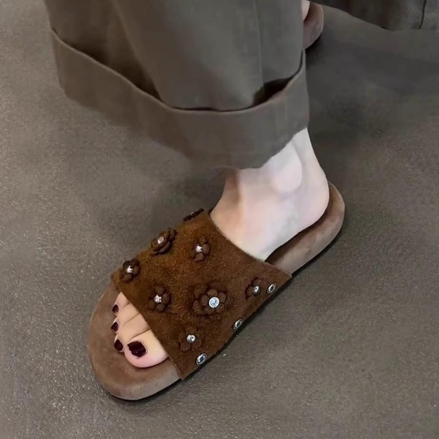 Soft Leather Version~ Fashion Flower Open-toed Cool Slippers Women's 2025 Summer New Thick-soled Outer Wear Velvet Versatile Sandals