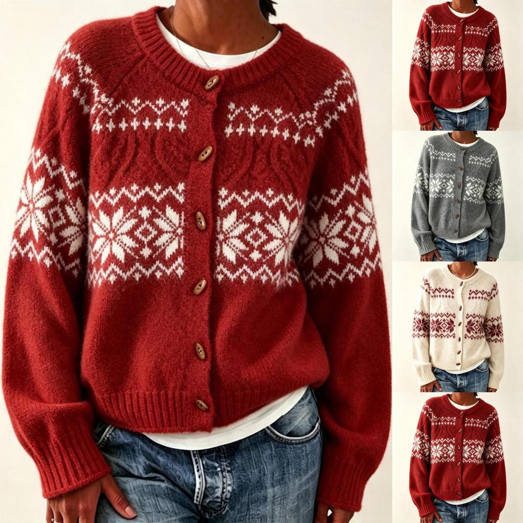 Women's Round Neck Buttoned Cardigan Sweater, Loose Fit Floral Knit Pattern