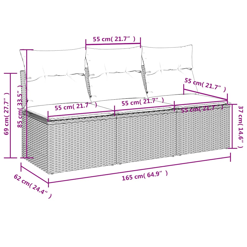 Garden Sofa with Cushions 3 Seater Black Poly Rattan