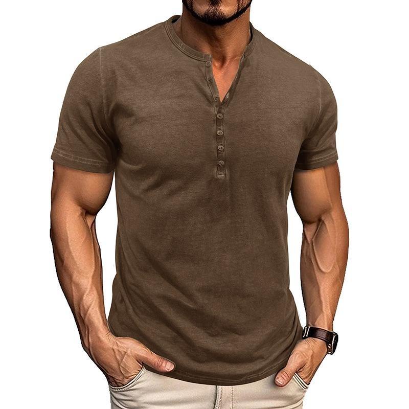 Men's Slim Fit Henley Shirt Short Sleeve Button V-neck Casual Solid Color T-shirt