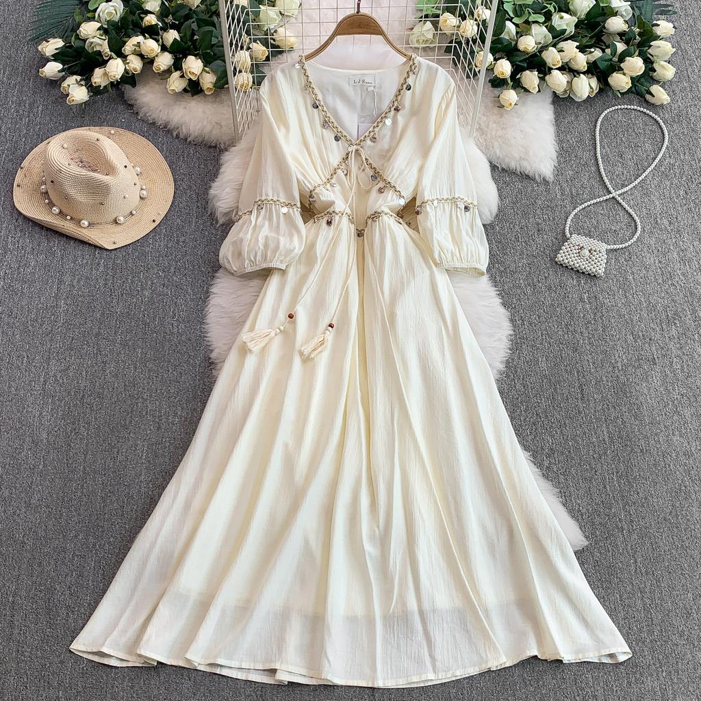 Ethnic Style Red Splicing Woven Fringed V-neck Long-sleeved Dress Women's Summer Waist and Thin Big Swing Dress