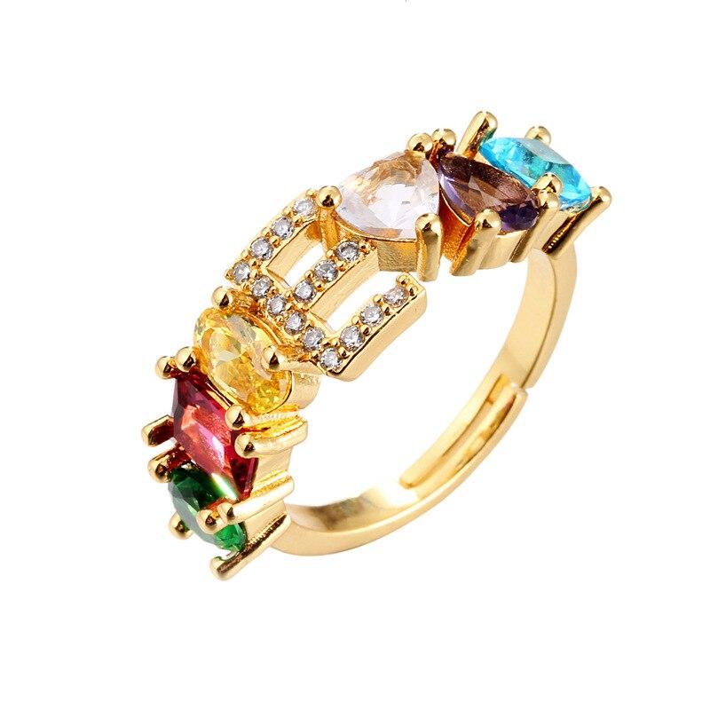 Copper Adjustable A-Z 26 Initial Letter Ring For Women Crystal Gold Color Cubic Zirconia Bohemian Wedding Jewelry Gift VRI303