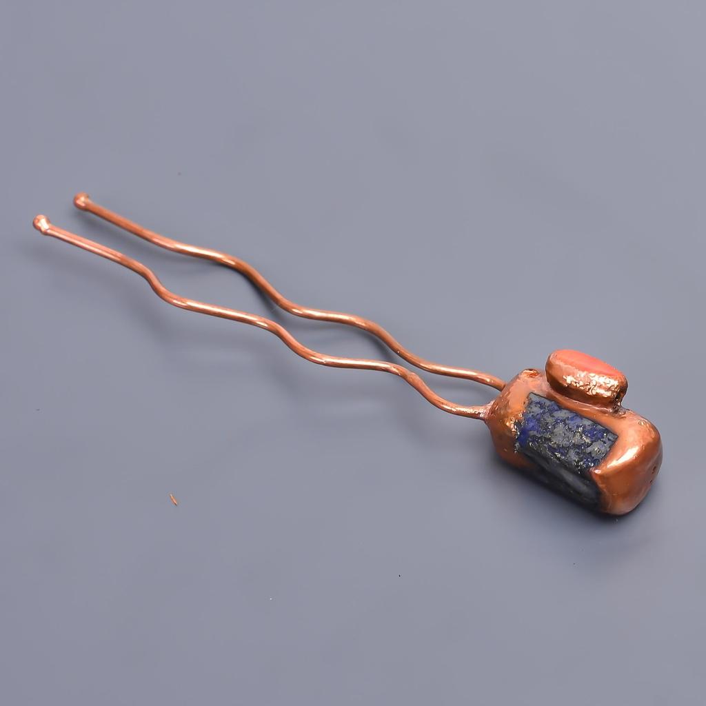 Sapphire & Coral Ethnic Handmade Bun Stick 3.6 Inch Electroformed Hair Pin / Electroplated Copper Gold Filled Hair Pin Gift For Mother Wife