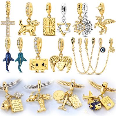 New In Charm 925 Silver Golden Unicorn Cross Pendant Charms Beads Fit Original 925 Bracelet For Women Jewelry Gift DIY