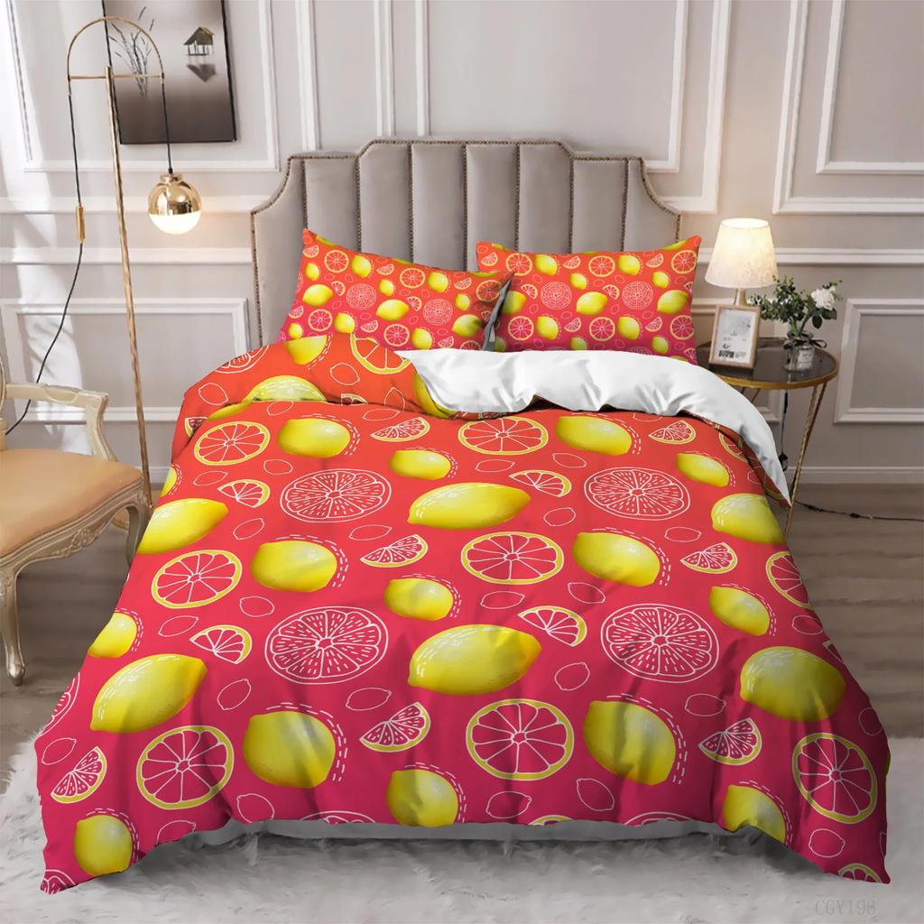 Lemon Duvet Cover Set King/Queen Size,Exotic Tropical Fruit and Leaf,Decorative 3 Piece Bedding Set with 2 Pillow Shams,yellow