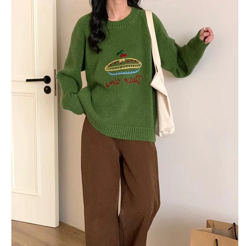 Cute Embroidery Pullover Sweater Women's Autumn and Winter Candy Color Round Neck Loose Knit Sweater Top College Style