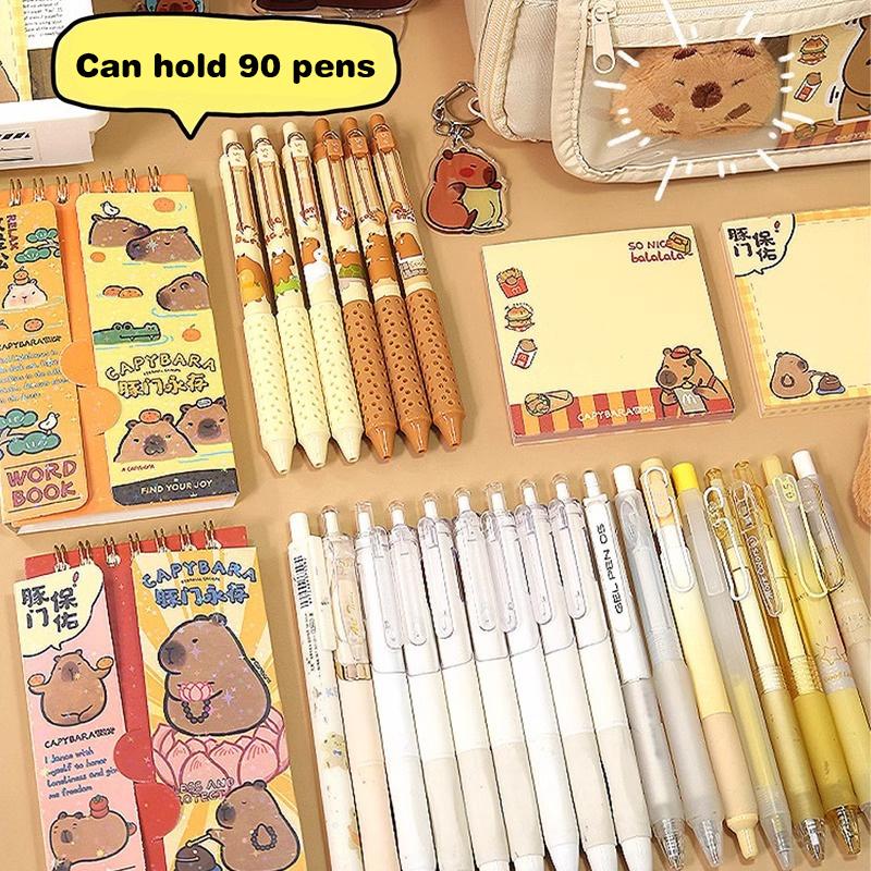 Large Capacity Pencil Bag Capybara Cartoon Stationery Holder Bag With Brooches Stickers Clips Keychains Children Pen Case