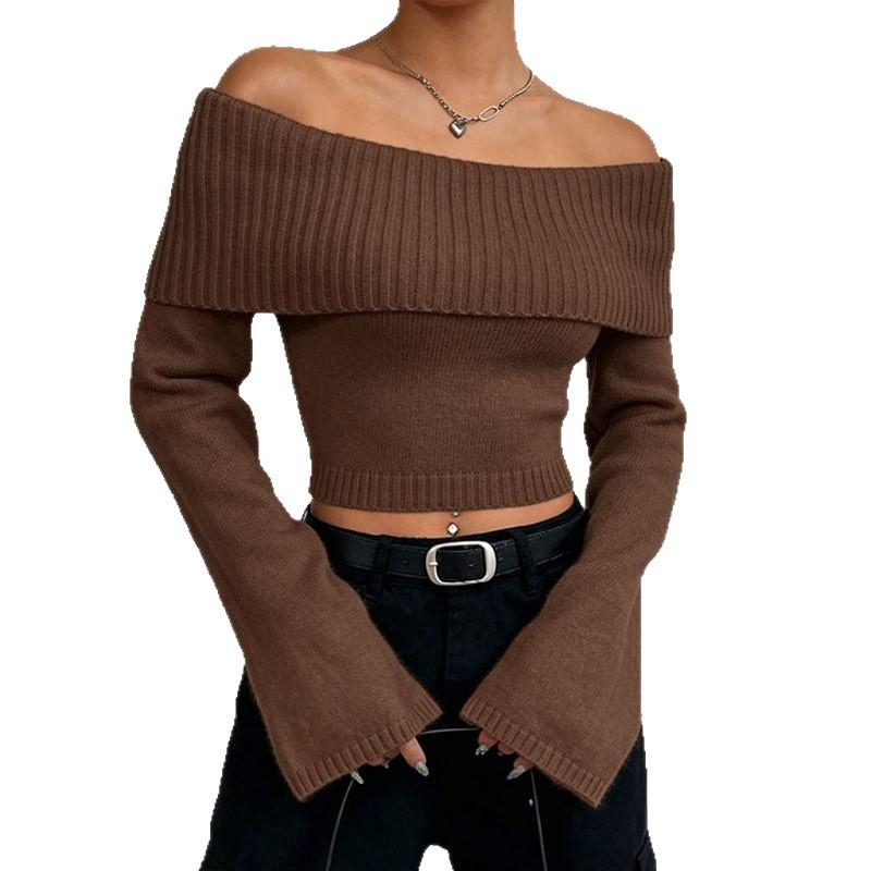 European and American autumn new knitted sweater top fashion slim one-word collar off-the-shoulder pullover sweater women