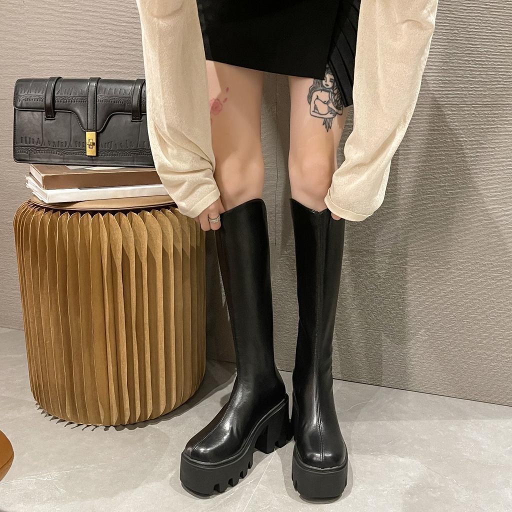 Small man thick-soled but knee thick-heeled boots high boots 2025 autumn and winter thin boots thick-heeled Martin boots women
