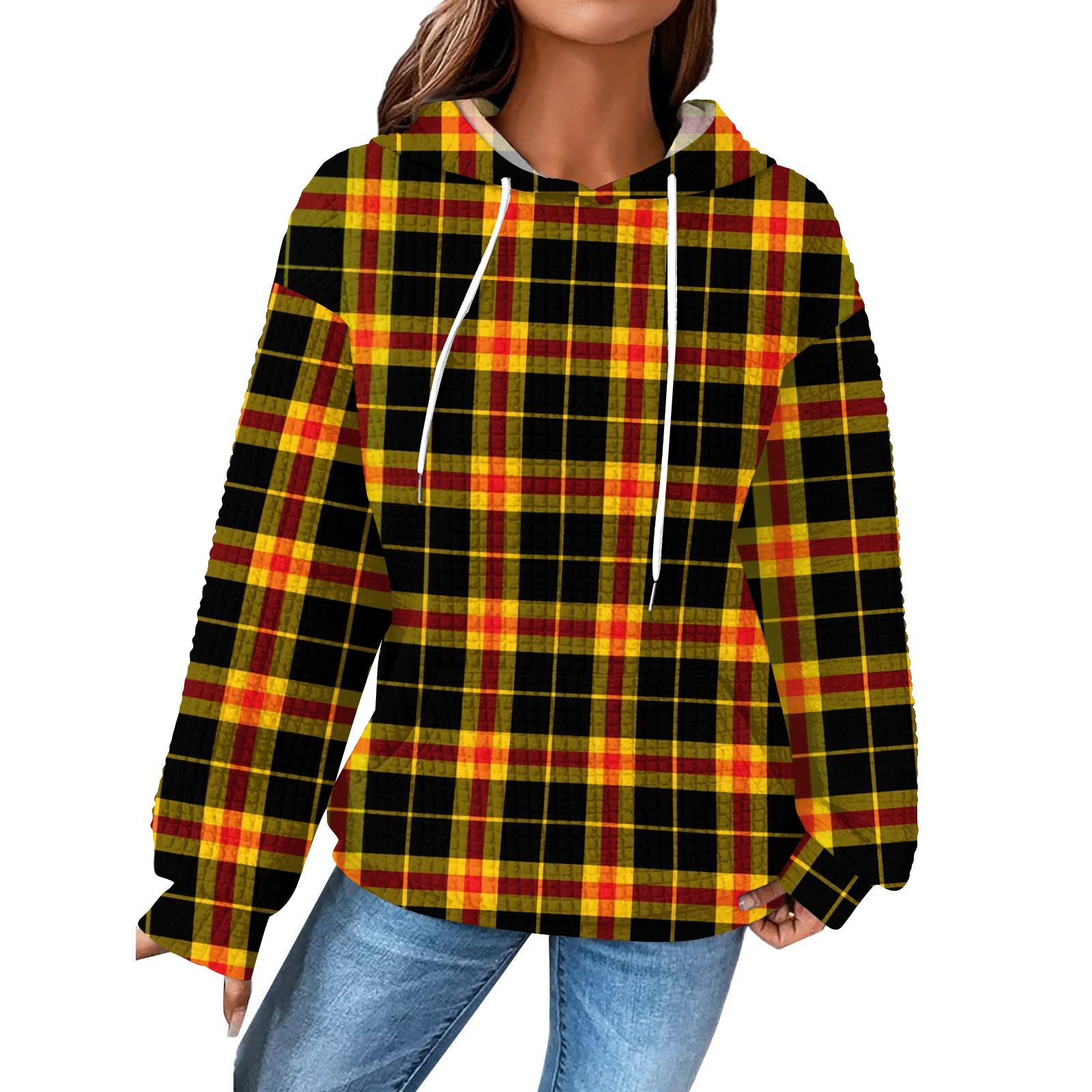 

Женский модный свободный пуловер с капюшоном, длинными рукавами, клетчатый свитшот с кулиской, приспущенным плечом и принтом-топом с карманом XXXL шафрановый