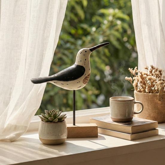 Wooden Coastal Bird Figurine Nautical Theme Bird Table Ornament with Base for Living Room Beach Home Decor
