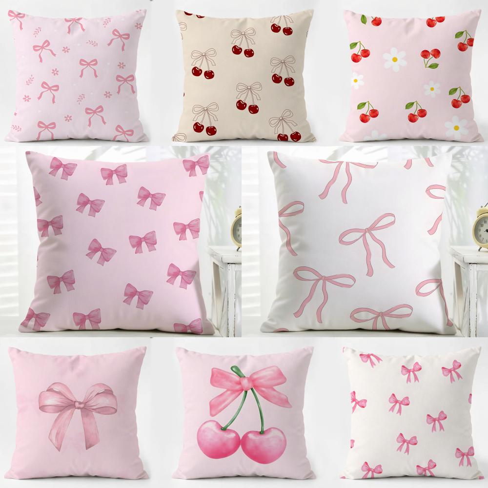 Exquisite Fashion Items Unisex Pink Simple Fashion Casual Bow Cherry Cushion Cover Washable Linen Pillowcase Soft For Daily Sofa Bed Home Room Decor