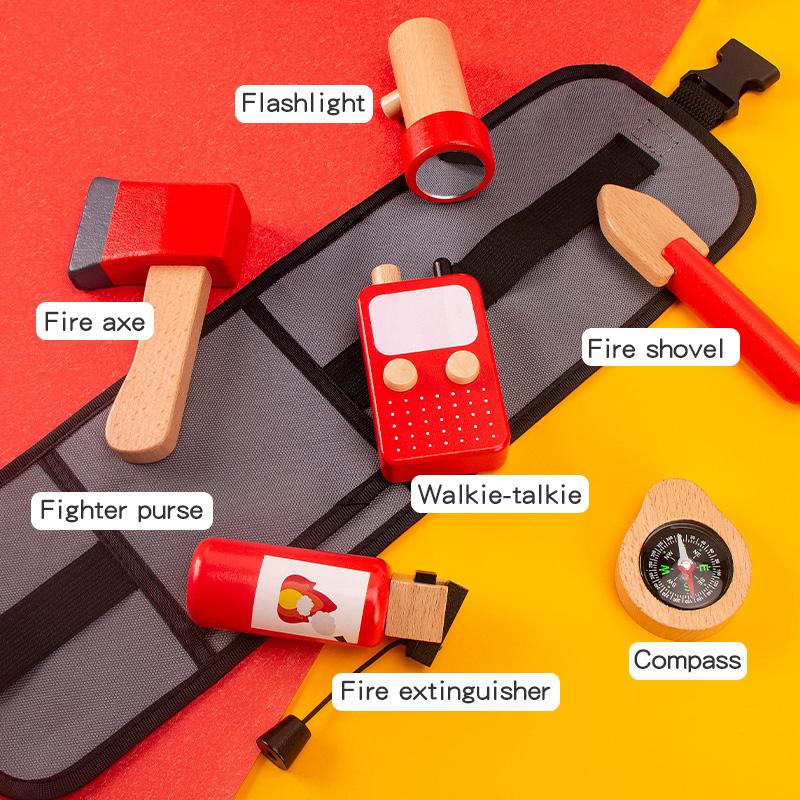 Kinder Holz Simulationswerkzeug Feuerwehrmann Hüfttaschen Set Rollenspiel Spielzeug Rollenspiel Kinder Lernspielzeug 3-6 Jahre
