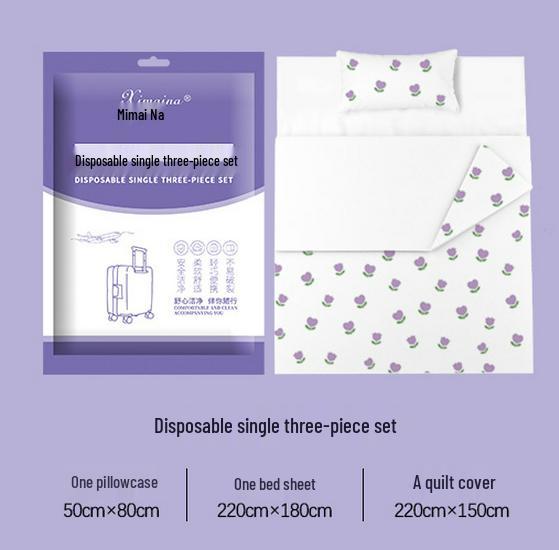 Purple Disposable 4-Piece Non-Woven Bedding Set: Bed Sheet & Duvet Cover for Hotel or Travel. Ideal for Comfortable, Naked Sleeping.