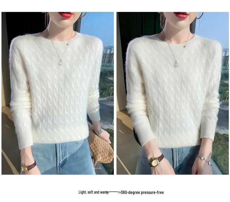Women's Cashmere Sweater - Autumn Winter Solid Color Jacquard Round Neck Loose Knit