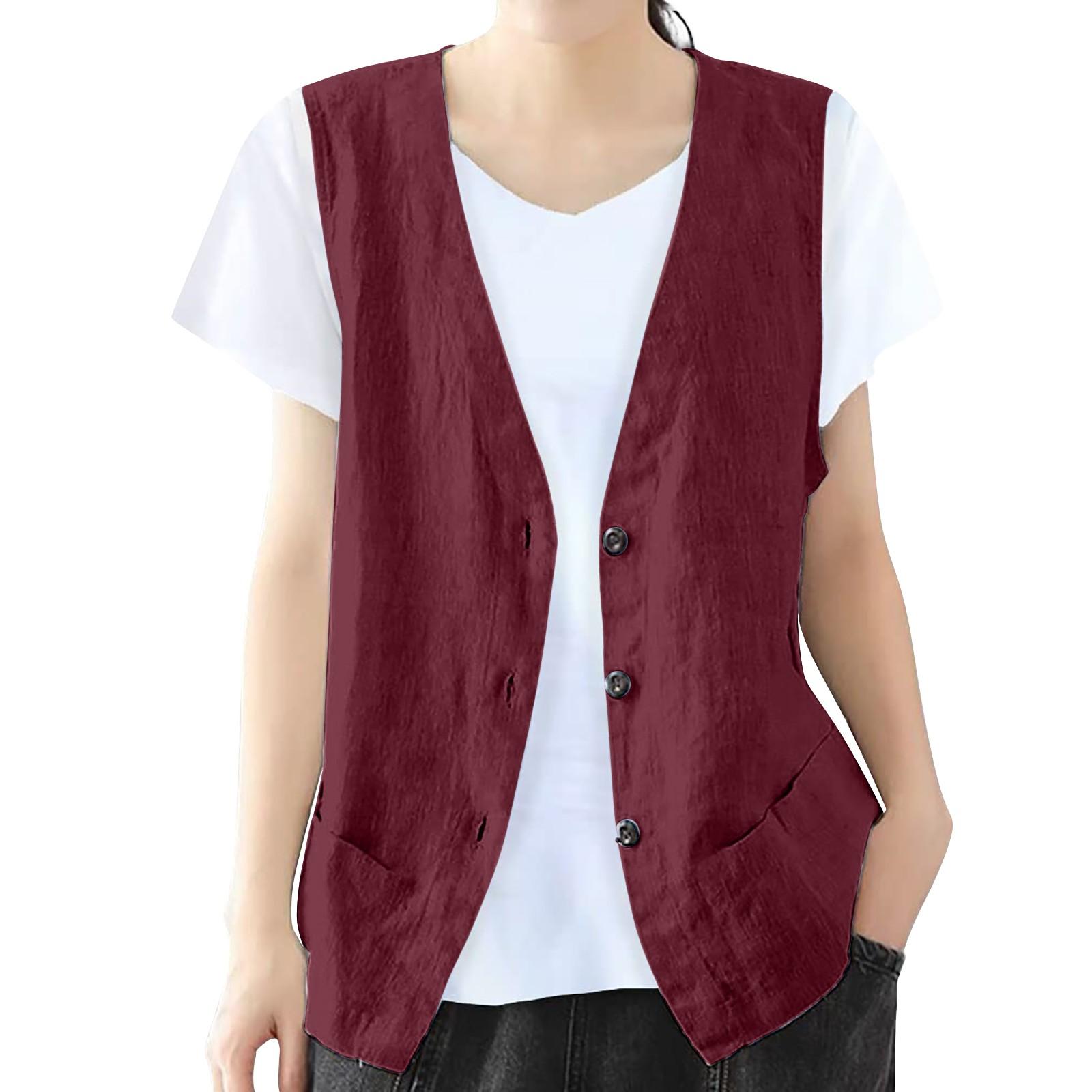Women s Casual Sleeveless Button-Down Vest Lightweight V-Neck with Pockets for Daily Wear S винный