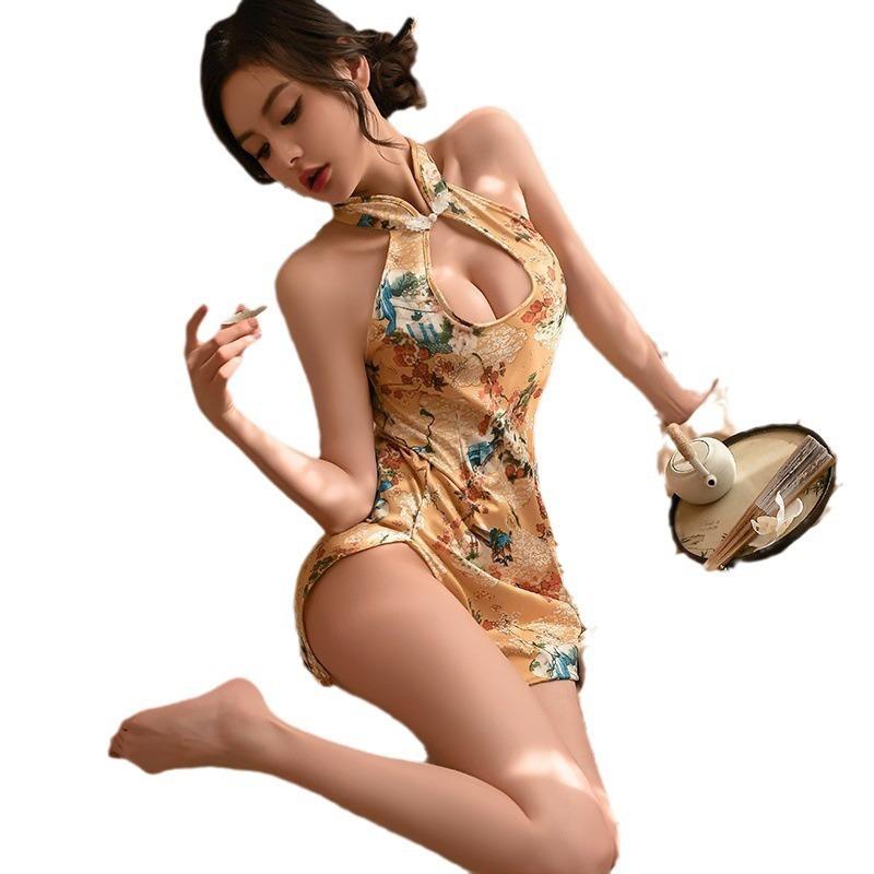 Retro Sex Underwear, Sexy Uniform, Hot Breast Exposed, Retro Printed Cheongsam, Uniform Set, Pure Desire, Free of Split Ends