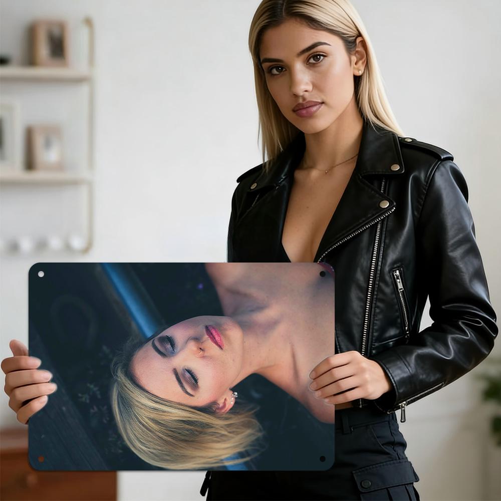 

HD Metal Tin Sign Cozy Intimate Portrait of Woman in Black Top Lying on Couch with Soft Green Toned Lighting Casual Home Art Wal 20x30cm（7.8x11.8inch）