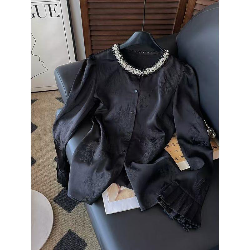 

Satin Acetate Tencel Beaded Single-Breasted Shirt! Dark Pattern Three-Dimensional Female Penny-Level Bottoming Shirt All Year Round Wear Black L