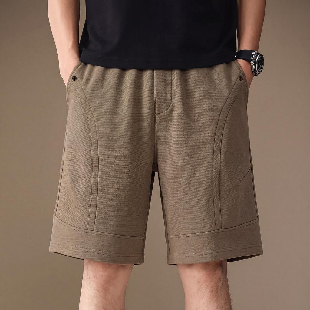 High-end American retro knitted casual shorts men's summer thin loose straight splicing fashionable five-point medium pants