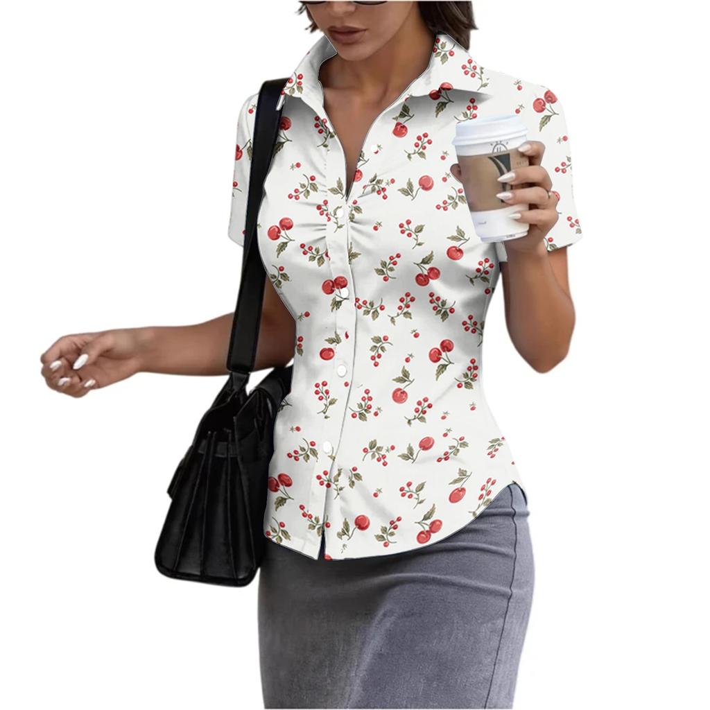 Women Short Sleeve Button Down Shirt Slim Fit Collared Blouse Lightweight Casual Workwear Top for Summer