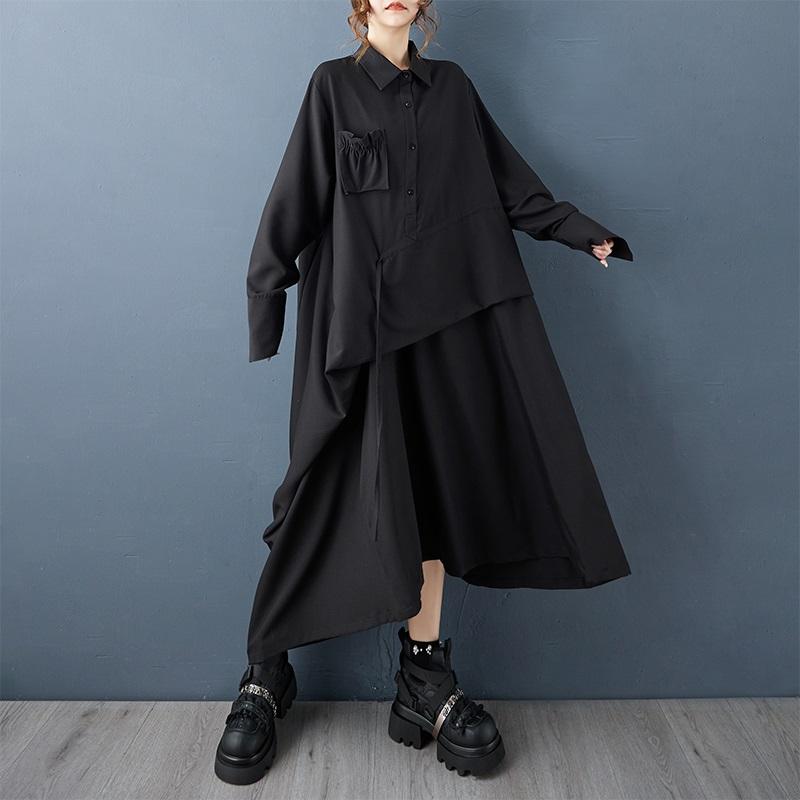 

Платье-рубашка винтажное черное большого размера с длинным рукавом для женщин, повседневное свободное, весна-осень