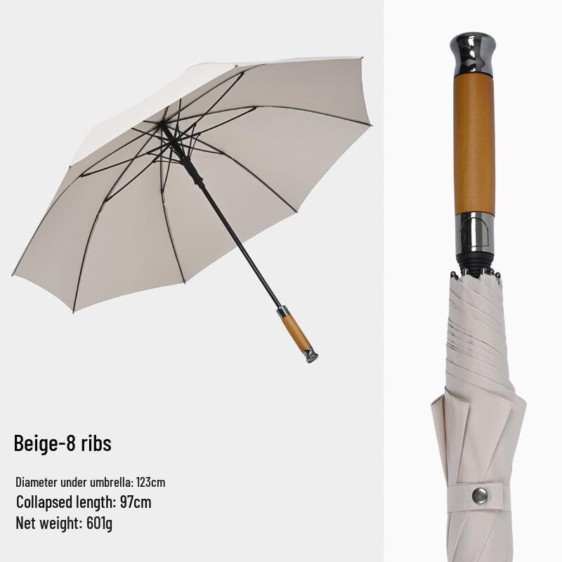 Hanyou Oversized 8-Rib Stick Umbrella, Sun & Rain, Beige, 125cm