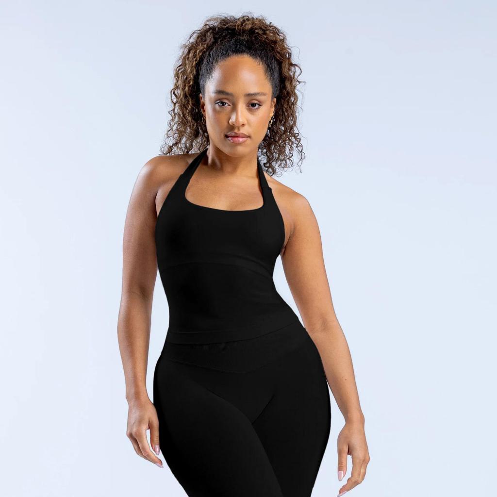 European Seamless Halter Neck Sports Vest & Ruched Yoga Shorts Set
