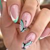 French Tip Green White Butterfly Nail Art Press-Ons Women Almond Shape Gel Glue Jelly Adhesive