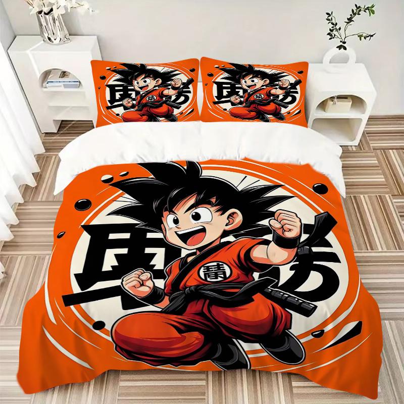 3pcs Dragon Ball Z Cute Son Goku Pattern Bedding Set, 1* Cover + 2*Pillowcases, Printed Bedding Set, Soft and Comfortable, Suitable for Bedroom a