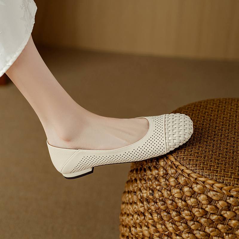 Krazing Pot Cow Skin Weaving Summer Size 41 Low Heels Party Shoes Women Square Toe Gladiator Mixed Color Hollow Out Pumps