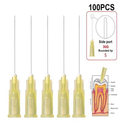 100 agujas de irrigación dental endodóntica, 25G/27G/30GA, 30G, con orificio lateral cerrado, para lavado de conductos radiculares.