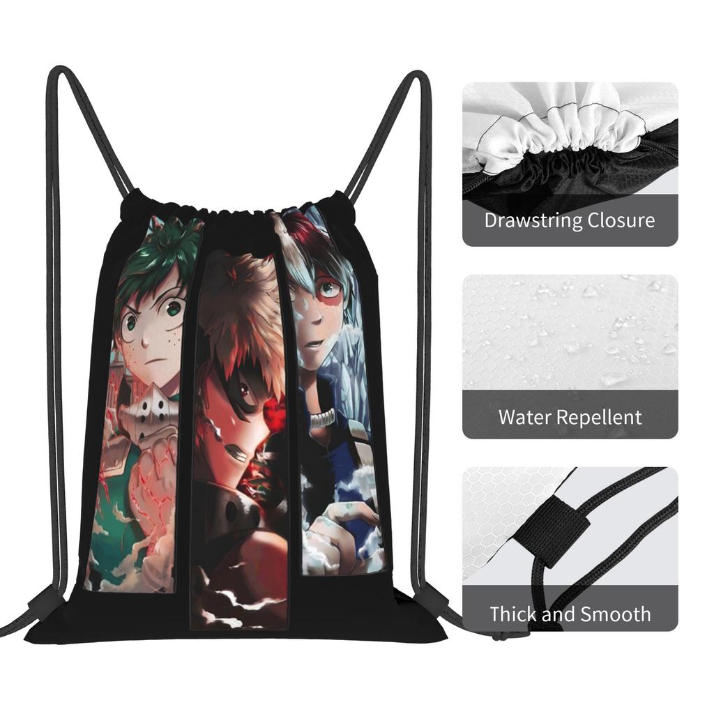 Custom My Hero Academias Drawstring Bags Lightweight Izuku Midoriya Katsuki Bakugo Shoto Todoroki Sports Gym Storage Backpack