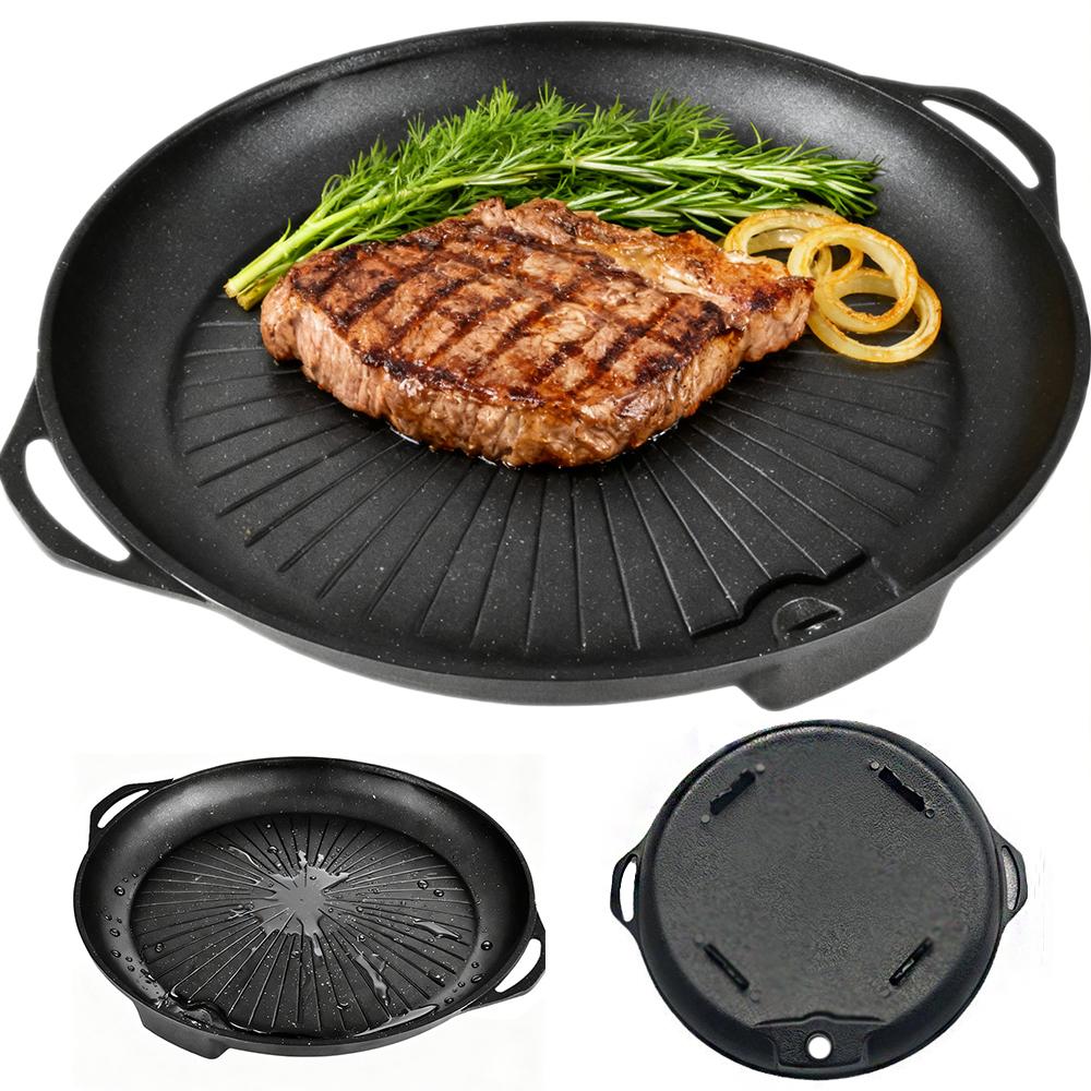 KOSUN Padella Coreana per Barbecue Rotonda Multiuso in Ghisa di Alluminio BBQ Guipan Pentola con Foro per Olio Casa Outdoor Campeggio Fornello per Tutti i Fuochi