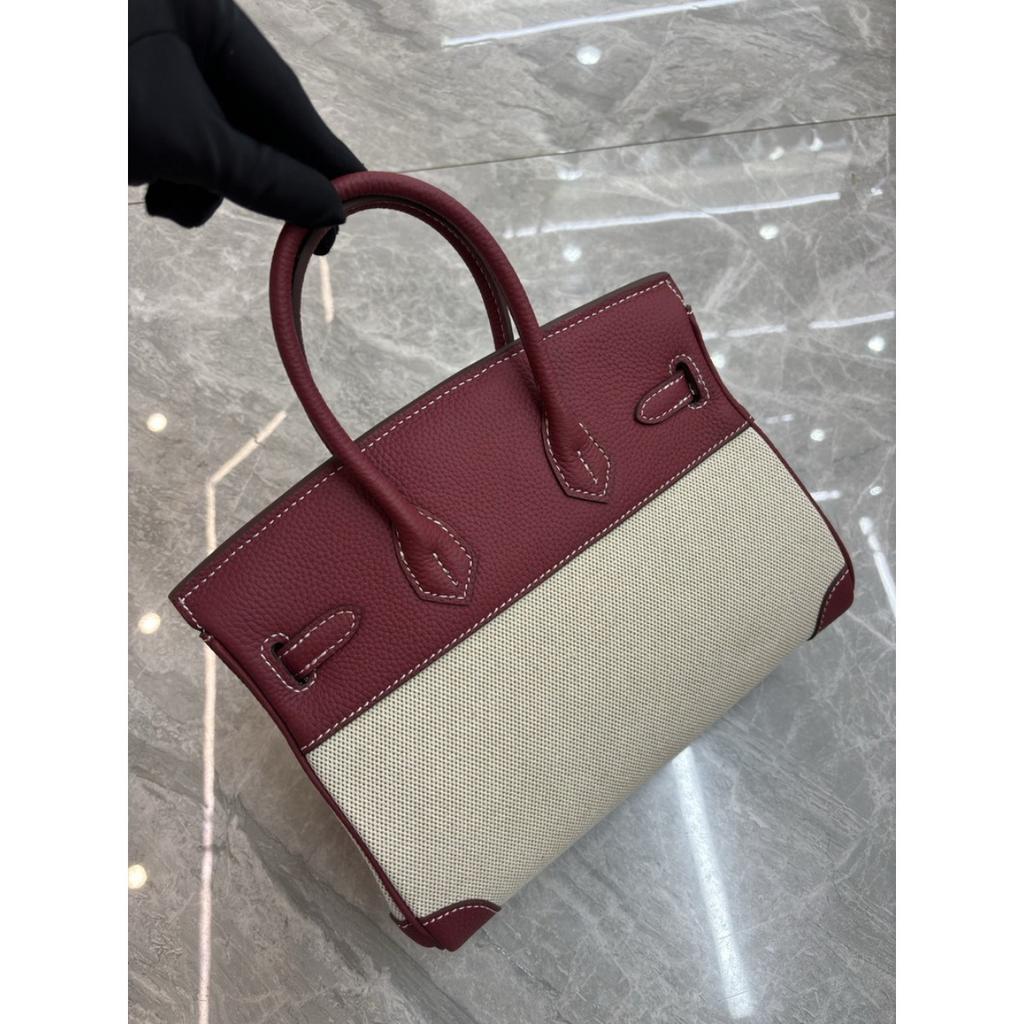 2026 new first-layer lychee pattern cowhide with linen canvas platinum bag genuine leather handbag European and American messenger bag bag