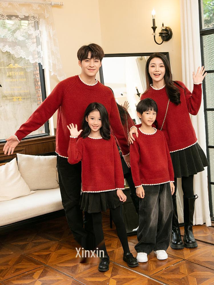 2025 Knit Red Family Sweater: Thickened Round Neck Pullover for Parent-Child, Couples & Casual Wear