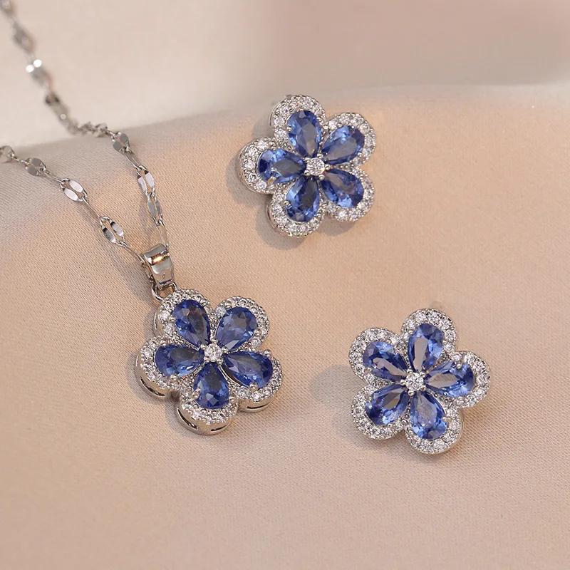 

Exquisite Fashion Style Blue Crystal Zircon Flower S925 Silver Needle Earring Necklace Luxury Design Banquet Jewelry Set