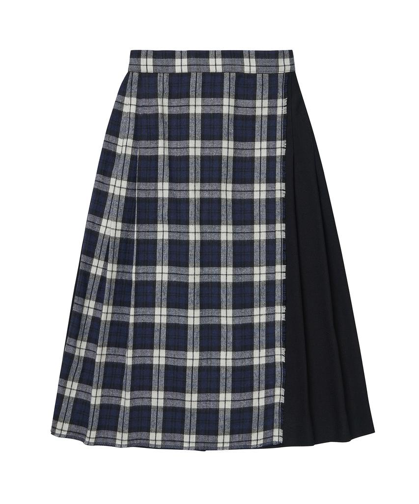 Cotton Bell Check Overlap Skirt - Navy Check