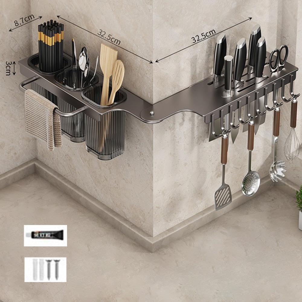65cm Rotating Kitchen Knife Holder with 3 Utensil Container, Multifunctional Wall-Mounted Corner Storage Rack for Home