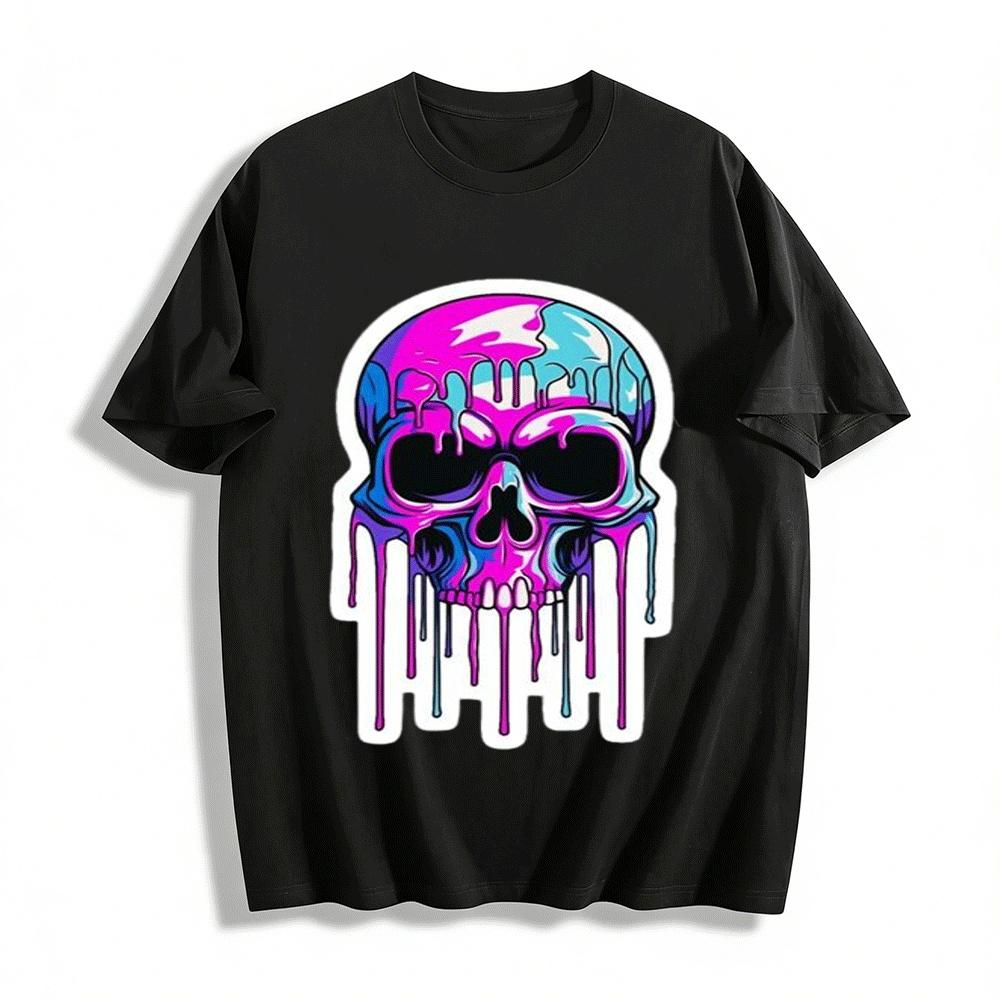 Vibrant Dripping Skull Print Edgy Streetwear Casual Tee Pure cotton T-shirt XXS