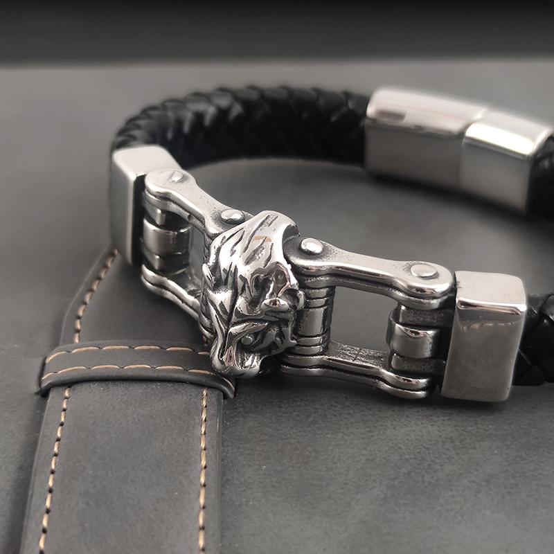 MingAo Nerezová ocel Lví Doplňky Pánský Kožený Náramek Luxusní Designový Styl Černá Kůže Magnetické Zapínání Vánoční Dárek