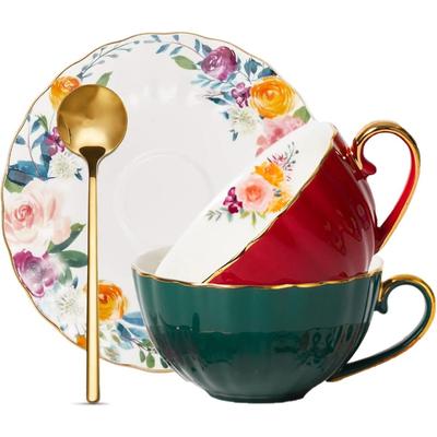 2 Sets Bone China Tea Cups and Saucers, Floral Ceramic Teacup with Spoon Coffee Cups Cappuccino Espresso Latte Mug for Christmas Gift