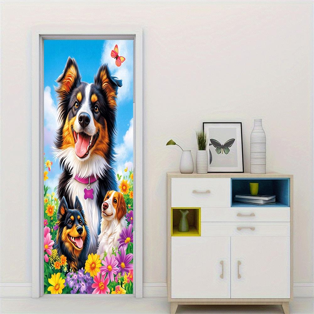 2pcs Warm and Cute Dog Wall Stickers Living Room Bedroom Children's Room Decoration Stickers Cartoon Animal Flowers Self Adhesiv
