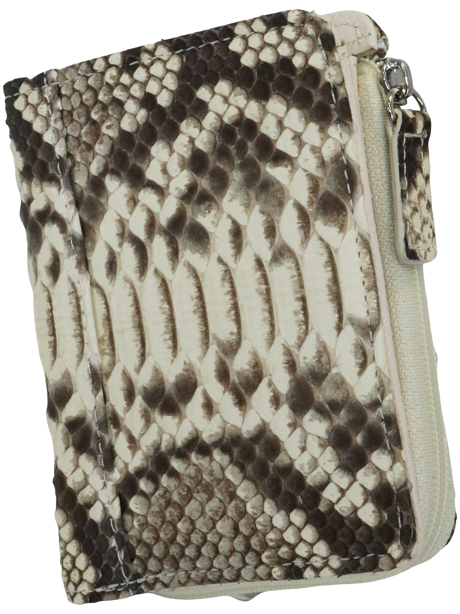 

Natural diamond python leather wallet for men and women, made from a single piece of genuine leather. Features a round zipper closure, a compact