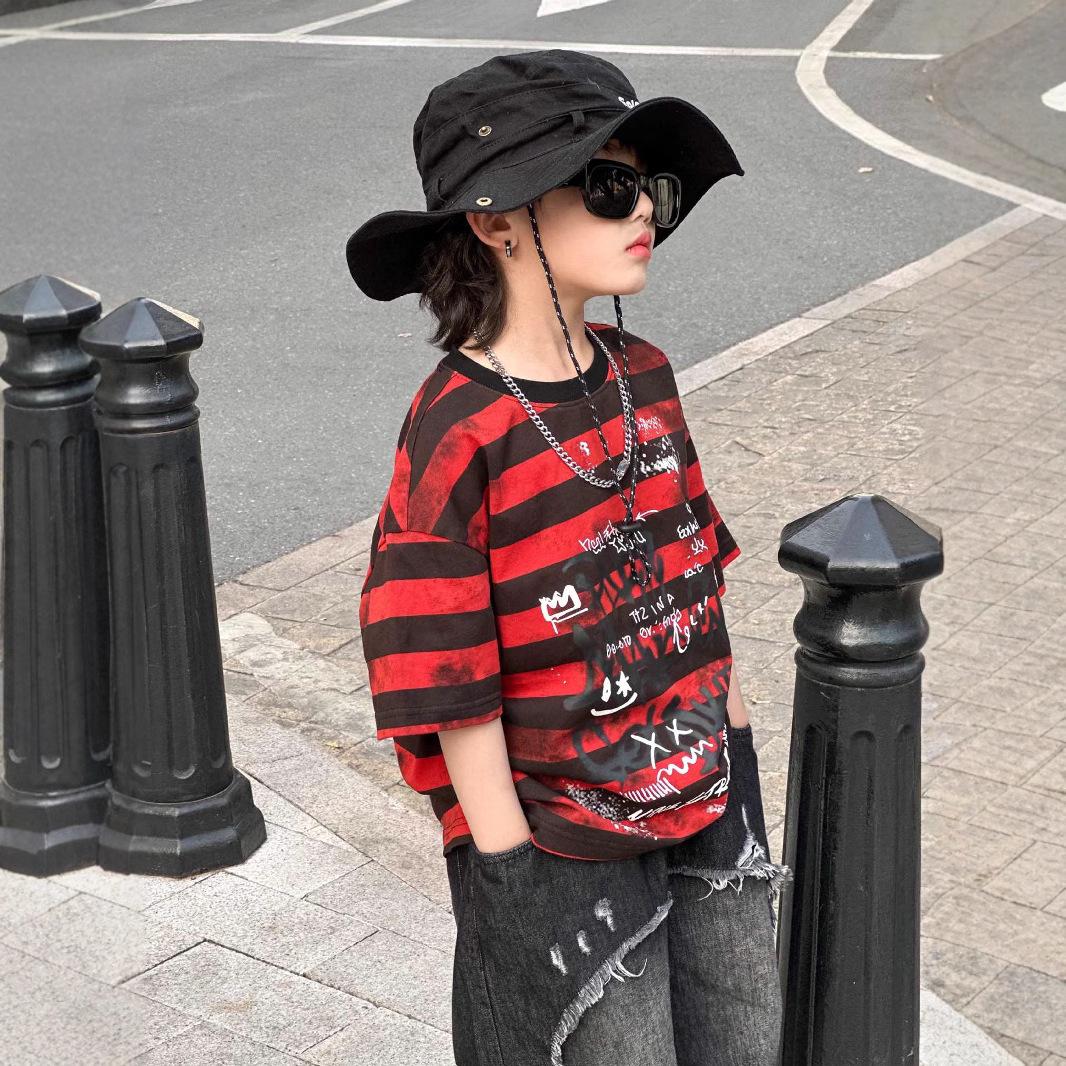 

Детская хлопковая футболка свободного кроя в корейском стиле - Унисекс, с коротким рукавом, для лета 140 cm красный