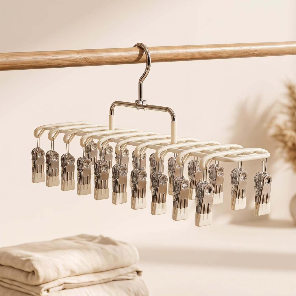 Stainless Steel 20-Clip Sock & Underwear Drying Rack – Windproof Balcony Clothes Hanger