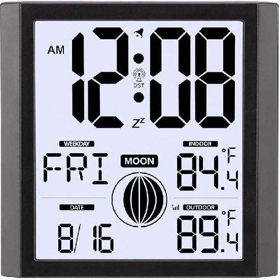 Atomic Wall Clock with Indoor Outdoor Temp Backlight Battery Operated Moon Phases Large Number Display 8.8 inch Digital Desk Setting Alarm Clock for Atomic + Backlight（blac